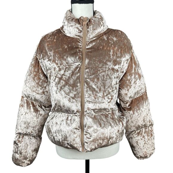 Fabletics Women’s Wander Crushed Velour Puffer Bomber Jacket Small Teddy Cropped - Picture 1 of 16
